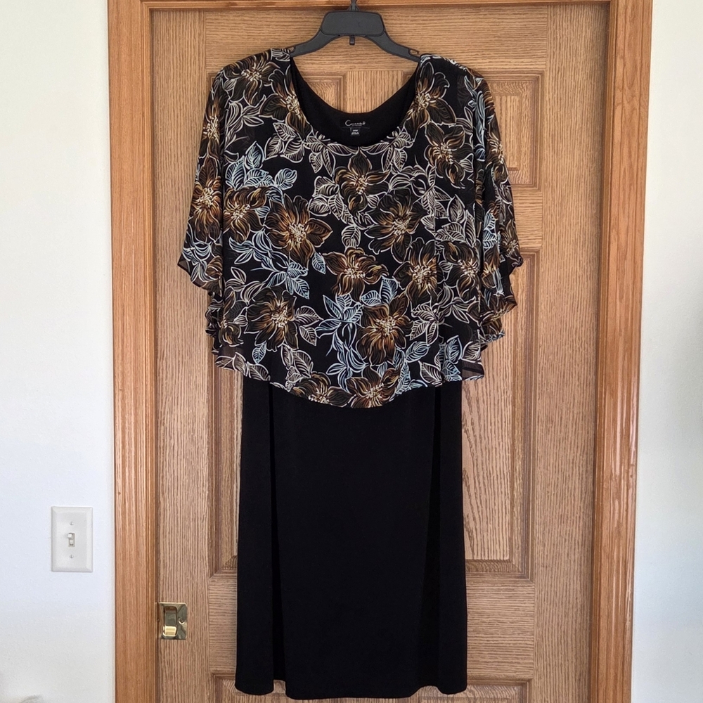 Connected Apparel Black & Bronze Floral Chiffon Overlay Dress, 24W, Worn Once
